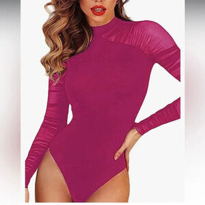 HOT PINK BODY SUIT NWT LONG SLEEVED RUCHED SNAP CROTCH SEXY MOCK NECK XL